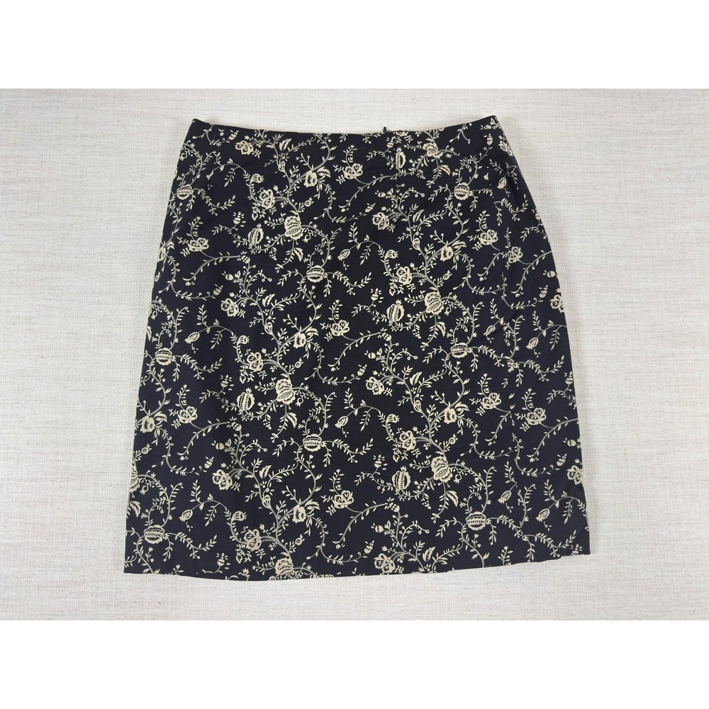 Jones & Co Stretch Black Cream‎ Floral Vine Pomegranate Cotton Skirt Size 10